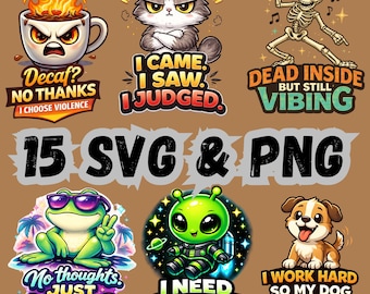 Funny Mascot Quotes PNG SVG Bundle, Sarcastic Animal Humor T-Shirt Designs (Digital Download)