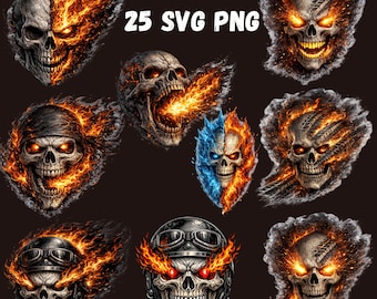 Flaming Skull Biker Clipart Bundle | Motorcycle Tattoo Style PNG SVG