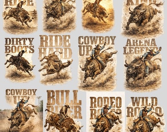 Vintage Rodeo Bull Riding SVG PNG Bundle | Western Cowboy Typography | Rustic T-Shirt Design Clipart
