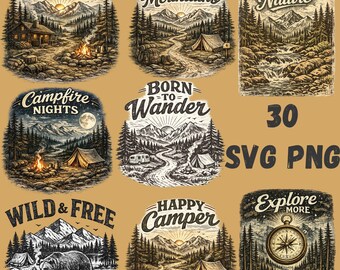 Vintage Camping SVG Bundle, Retro Outdoor Adventure PNG, (digital download)