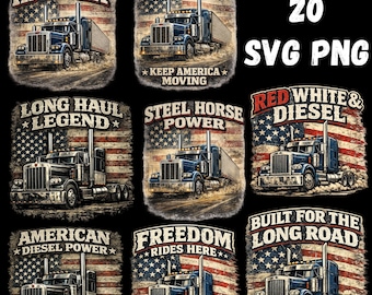 Vintage Trucker SVG PNG Bundle | American Diesel Truck Designs (20 Files)