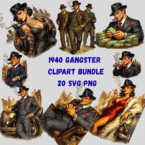 Könnte beinhalten: Ein digitales Clipart-Bundle mit Illustrationen von Gangstern der 1940er Jahre. Die Bilder zeigen Männer und Frauen in Anzügen und Kleidern, die Zigarren rauchen und von Geld umgeben sind. Der Text "1940 GANGSTER CLIPART BUNDLE 20 SVG PNG" ist ebenfalls enthalten.