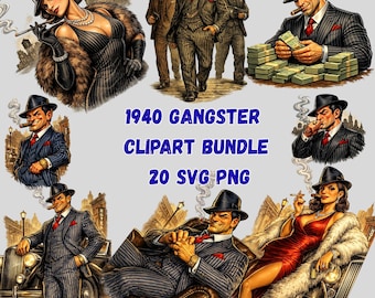 1940s Gangster Clipart Bundle SVG PNG, Vintage Mafia Mob Boss Illustration,