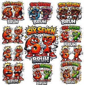 20 roliga sex sju 67 SVG PNG-paket | Meme tecknade siffror Clipart