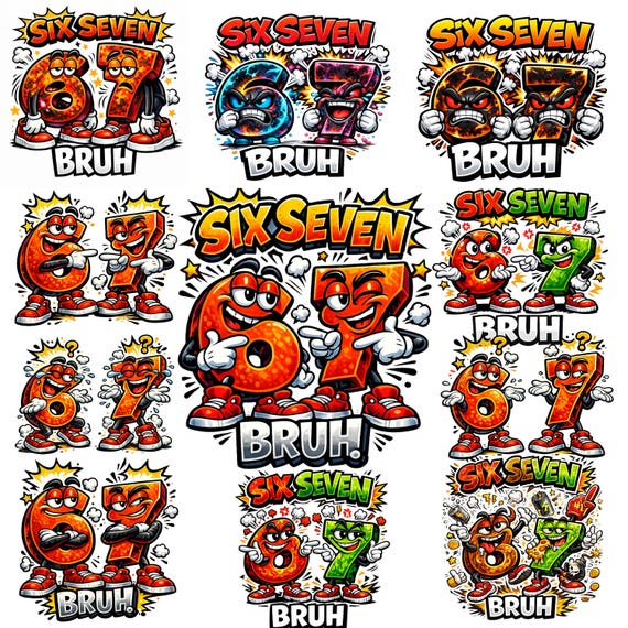 20 Funny Six Seven 67 SVG PNG Bundle | Meme Cartoon Numbers Clipart