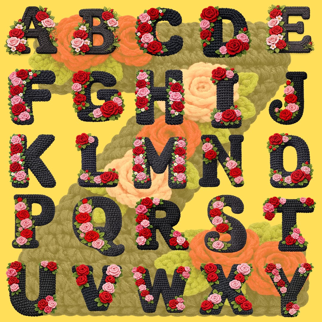 Floral Crochet Alphabet A–Z SVG PNG Bundle | Black Yarn Letters With ...
