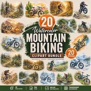 May include: A digital collection of 20 watercolor mountain biking illustrations featuring cyclists on trails, in forests, and near mountains. The central text reads 20 Watercolor MOUNTAIN BIKING CLIPART BUNDLE, with additional text noting 20 DESIGNS.