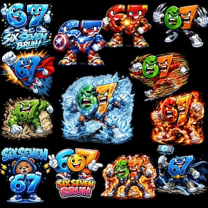 Puede incluir: Una colección de ilustraciones de dibujos animados que presentan los números 6 y 7 como personajes de superhéroes. Los diseños incluyen varios temas como hielo, fuego y motivos patrióticos, con el texto "SIX SEVEN BRUH!" en algunas imágenes.