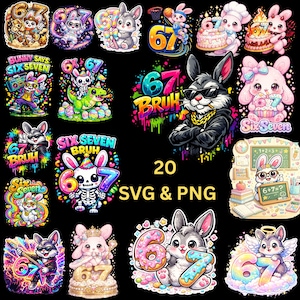 May include: A collection of 20 colorful SVG and PNG digital graphics featuring cartoon bunnies with the numbers 6 and 7. The designs include bunnies with basketballs, cakes, and musical instruments, with the text "Bunny Says Six Seven".
