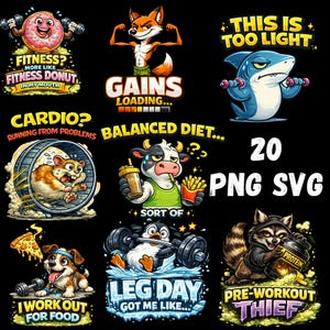 Könnte beinhalten: Eine Sammlung von Fitness-Cartoon-Grafiken auf schwarzem Hintergrund. Die Designs umfassen einen Donut, der Gewichte hebt, einen Fuchs, der sich aufbläht, einen Hai mit Hanteln, einen Hamster im Rad, eine Kuh mit Getränk und Pommes, einen Pinguin, der Gewichte hebt, einen Hund mit Pizza und einen Waschbären mit einem Proteingehälter. Text beinhaltet "Fitness? More like Fitness Donut", "Gains Loading" und "Leg Day Got Me Like".