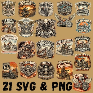 May include: A collection of twenty-one motorcycle-themed graphic designs featuring skulls, riders, and vintage-style motorcycles with text elements like Last Ride, Asphalt Legends, Outlaw Riders, Road Kings, and Born to Ride in various colors.