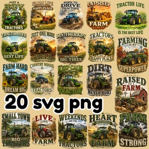 May include: A collection of 20 digital graphic designs featuring tractors in various farm settings with text overlays including phrases like Farm Life, Tractor Life, and Farming Is My Superpower, presented in a grid layout with a tan background.