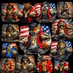 May include: A collection of digital art featuring anthropomorphic animals and figures, each adorned with gold chains and holding stacks of money. The characters are set against a backdrop of the American flag, with a bold and stylized aesthetic.