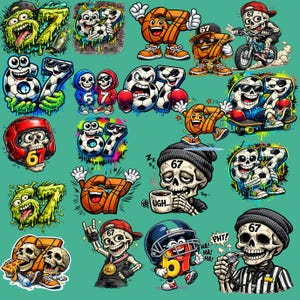 May include: A collection of colorful cartoon illustrations featuring the number 67 and skull characters in various sports and activities. The images include soccer balls, boxing gloves, skateboards, and a referee with a whistle. The background is a solid teal color.