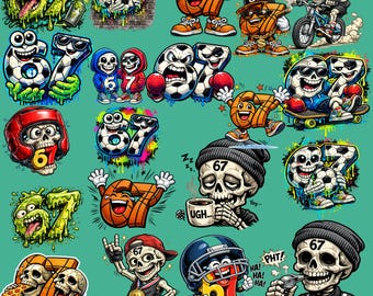67 Funny Skull Sports 20 SVG PNG Bundle | Graffiti Number 67 Cartoon Characters