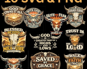 Christian Western SVG Bundle, Faith Cowboy T Shirt Designs, Bible Verse Longhorn Skull PNG,