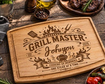 Personalized Grill Master Cutting Board for Dad, Custom BBQ Gift, Father's Day Gift for Him, Engraved Bamboo, Walnut, Maple Board Gift