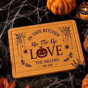 Custom Stir Up Love Cutting Board, Personalized Family Surname & Est Date, Engraved Halloween Kitchen Keepsake for Spooky Fall Party Hosting