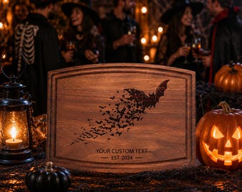 Personalized Halloween Bat Cutting Board, Custom Text Engraved Wooden Kitchen Board, Spooky Gothic Fall Decor, Housewarming Gift for Home