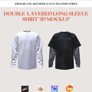 May include: A 3D mockup of two double-layered long-sleeve shirts. One shirt is white, and the other is black. The text "DOUBLE LAYERED LONG SLEEVE SHIRT 3D MOCKUP" is displayed in red. The top of the image reads "PROCREATE, BLENDER & CLO 3D COMPATIBLE".