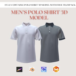 Puede incluir: Se muestran dos polos, uno blanco y otro gris. La camisa blanca tiene cuello y botones blancos, mientras que la camisa gris tiene cuello y botones grises oscuros. El texto "MEN'S POLO SHIRT 3D MODEL" está encima de las camisas.
