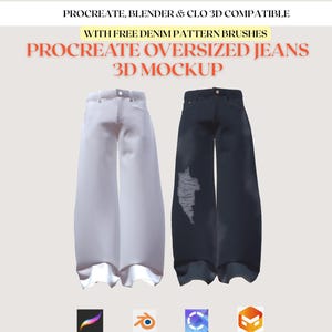 May include: A 3D mockup featuring two pairs of oversized jeans. One pair is white, and the other is dark blue with distressed detailing. The text "PROCREATE OVERSIZED JEANS 3D MOCKUP" is displayed at the top, along with other text.