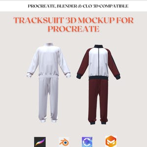 May include: Two tracksuits are shown, one white and one maroon and white. The image includes the text "TRACKSUIT 3D MOCKUP FOR PROCREATE" and "PROCREATE, BLENDER & CLO 3D COMPATIBLE".