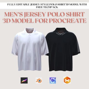 Puede incluir: Imagen digital de dos polos de jersey. Uno es blanco, el otro negro con detalles grises. El texto superior dice "FULLY EDITABLE JERSEY STYLE POLO SHIRT 3D MODEL WITH FREE TECHPACK". Debajo, se lee "MEN'S JERSEY POLO SHIRT 3D MODEL FOR PROCREATE".