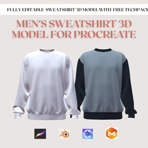 May include: Two sweatshirts are shown, one white and one grey with navy sleeves. The text at the top reads "FULLY EDITABLE SWEATSHIRT 3D MODEL WITH FREE TECHPACK". Below, the text reads "MEN'S SWEATSHIRT 3D MODEL FOR PROCREATE".