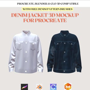 Puede incluir: Una maqueta digital de dos chaquetas vaqueras. Una es blanca, la otra azul oscuro. El texto dice "DENIM JACKET 3D MOCKUP FOR PROCREATE" y "PROCREATE, BLENDER & CLO 3D COMPATIBLE WITH FREE DENIM PATTERN BRUSHES".