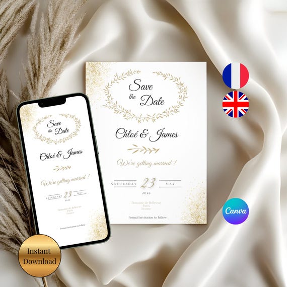 Modèle Save the Date Mariage Chic Doré à personnaliser sur Canva, invitation électronique et imprimable