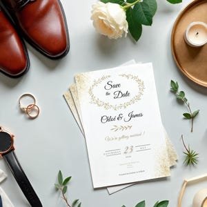 May include: A wedding-themed flat lay with brown leather shoes, a black-strapped watch with a gold case, wedding rings, and a "Save the Date" card with gold detailing. A white rose and a gold tray with a candle are also present.