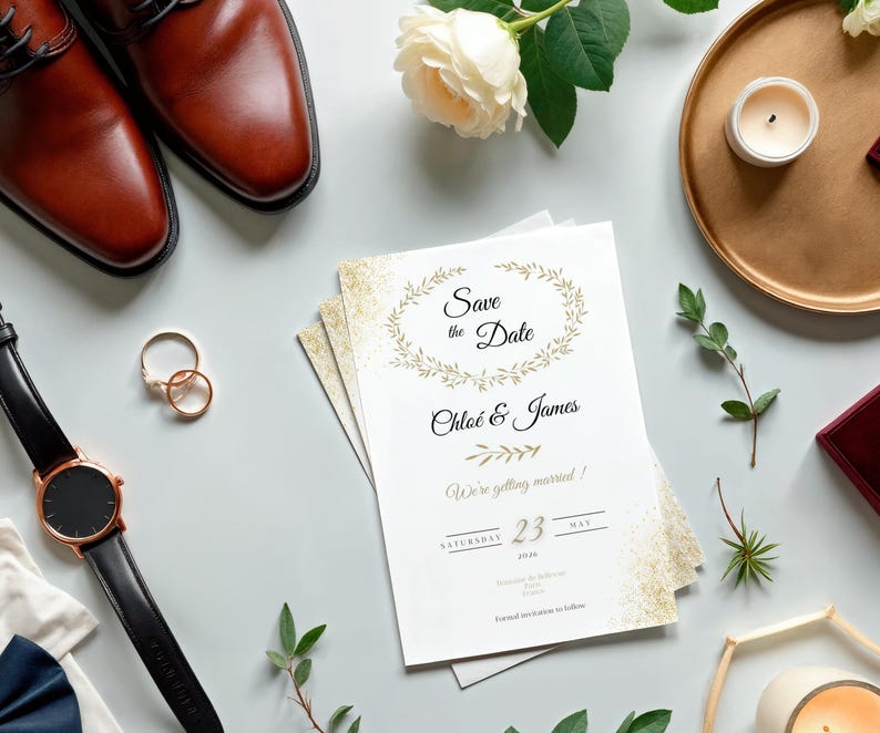 May include: A wedding-themed flat lay with brown leather shoes, a black-strapped watch with a gold case, wedding rings, and a "Save the Date" card with gold detailing. A white rose and a gold tray with a candle are also present.