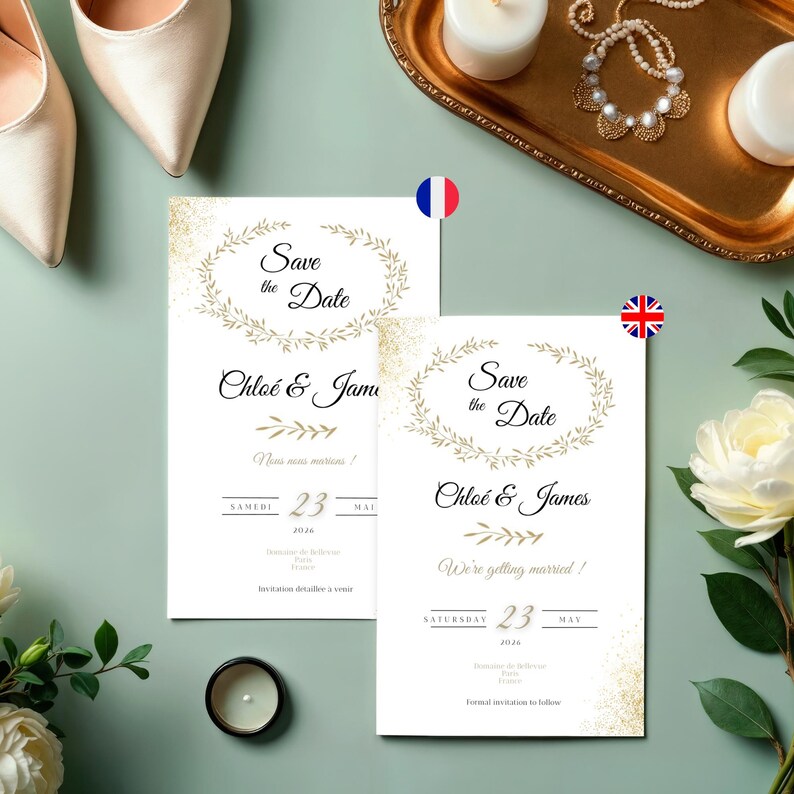 May include: Two wedding invitation cards with gold detailing, reading "Save the Date" and "Chlo&eacute; & James". The cards are on a light green surface with beige heels, candles, and jewellery.