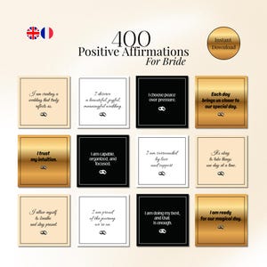 Puede incluir: Un conjunto de 12 tarjetas cuadradas con afirmaciones positivas para una novia. Cada tarjeta tiene un mensaje diferente en una fuente serif, con un icono de anillo de bodas. Las tarjetas son en oro, negro y blanco.