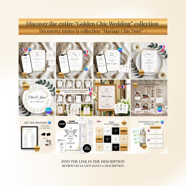 May include: A selection of wedding stationery and decor, including invitations, signage, and photo booth templates. The items feature gold accents and elegant designs, with text in English and French. The image includes the text "Golden Chic Wedding" and "Find the link in the description".