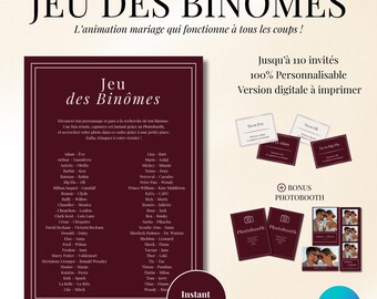 Burgundy Matchmaking Game for weddings, baptisms, birthdays, and parties of up to 100 guests, customizable on Canva + free photobooth bonus
