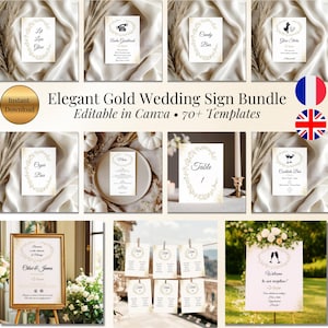 Peut inclure: Ensemble de panneaux de mariage dorés élégants avec des textes tels que "Candy Bar" et "Cigar Bar", ornés de couronnes florales. L'ensemble comprend plus de 70 modèles, idéal pour la décoration de mariage.