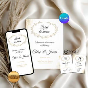 Peut inclure: Un ensemble de faire-part de mariage avec un smartphone, une grande carte et deux petites cartes. Le design comprend des accents floraux dorés et le texte "Livret de messe", "Chloé & James" et la date "Le 23 Mai 2026".