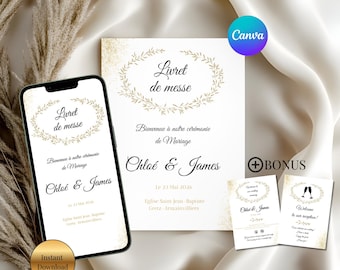 Customizable wedding ceremony program booklet on Canva in A5, A4 folded, US Letter and smartphone sizes, bonus panels