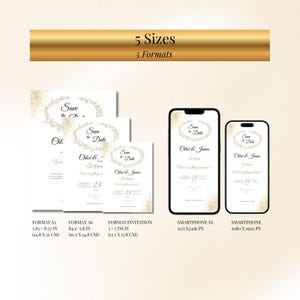 May include: Wedding stationery set with gold floral designs and the text "Save the Date". Formats include A5 (14.8 x 21 cm), A6 (10.5 x 14.8 cm), and a 5x7 inch invitation (12.7 x 17.8 cm), plus smartphone mockups.