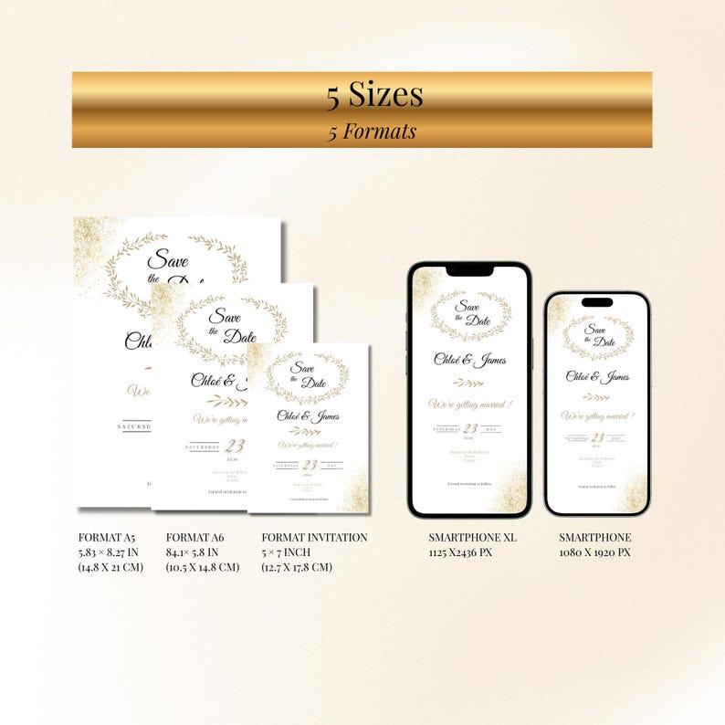 May include: Wedding stationery set with gold floral designs and the text "Save the Date". Formats include A5 (14.8 x 21 cm), A6 (10.5 x 14.8 cm), and a 5x7 inch invitation (12.7 x 17.8 cm), plus smartphone mockups.