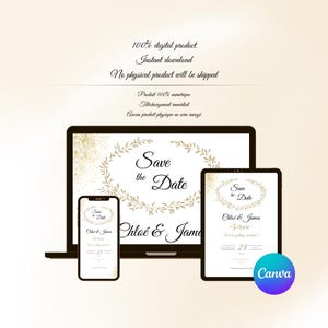 May include: Digital wedding invitation design displayed on a laptop, tablet, and smartphone. The design features the text "Save the Date" within a gold floral wreath. The names "Chlo&eacute; & James" are also displayed.