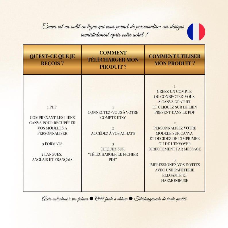 May include: An information graphic in French, explaining product usage. The text is arranged in three columns, with headings such as "What I Receive?" and "How to Download My Product?" A French flag is visible in the top right.