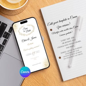 May include: A smartphone screen shows a wedding invitation template with the text "Save the Date" and the names "Chlo&eacute; & James." A notepad with instructions and a pen are next to the phone. The Canva logo is visible.