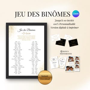 Peut inclure: Un jeu de mariage encadré en noir avec des accents dorés et le texte "Jeu des Binômes". Comprend des cartes de photomaton en prime et un bouton doré "Téléchargement instantané". Personnalisable pour jusqu'à 110 invités.