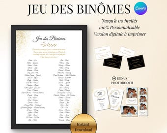 Pairs game, perfect for weddings, baptisms, birthdays, and elegant parties for up to 100 guests, customizable on Canva + free photobooth bonus