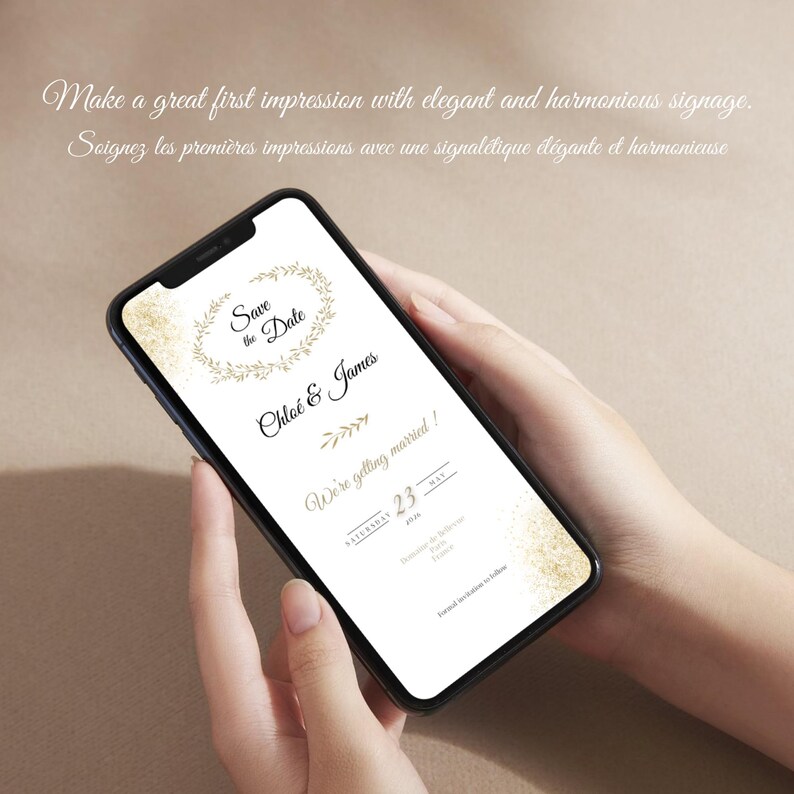 May include: A smartphone screen shows a wedding invitation with the text "Save the Date" and the names "Chlo&eacute; & James." The design includes gold accents and a floral wreath. The invitation includes the date "23 MAY."