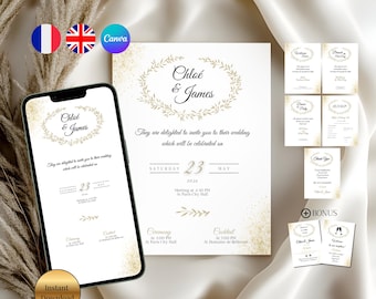 Bundle Invitations mariage chic doré avec faire-part, dîner, brunch, RSVP, remerciements et Panneaux de Bienvenue en bonus à personnaliser