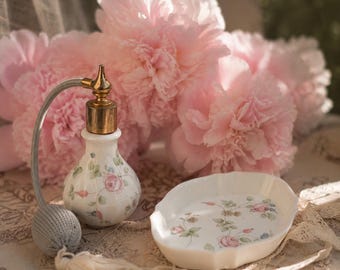 Vintage Wedgwood Rosehip Perfume Atomizer & Trinket Dish Set  English Bone China Vanity Decor Cottagecore Floral Collectible Gift